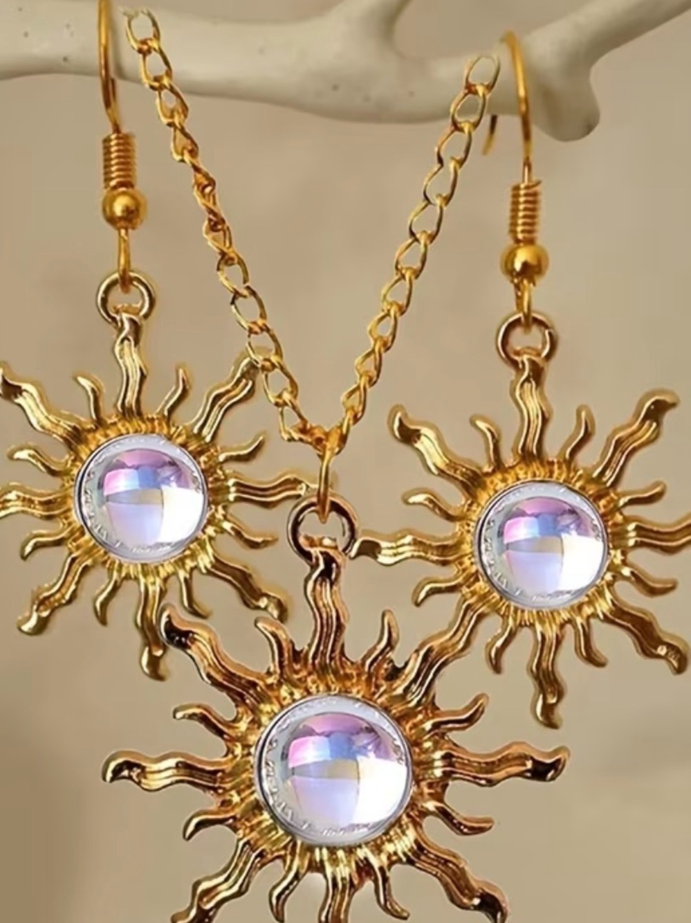 Gold Sunburst Necklace & Earrings Set with Iridescent Center